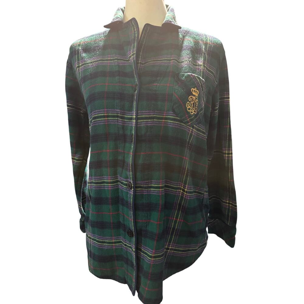 Lauren Ralph Lauren Plaid Pajama Top, Green Tartan Crest Logo, Women's Small